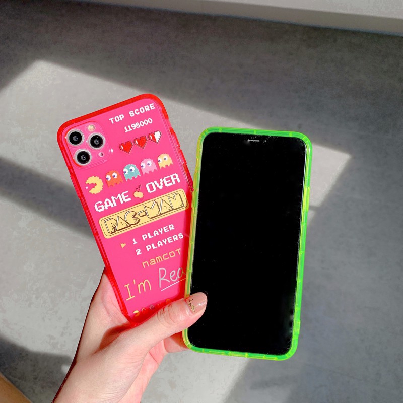 Fluorescence Color iPhone Case 11 Pro Max 7/8 Plus X XR XS Max Phone Case Cute Pac-Man Retro Game Pacman Apple Cover Couple Transparent Clear Casing Camera Protector Shockproof Shell