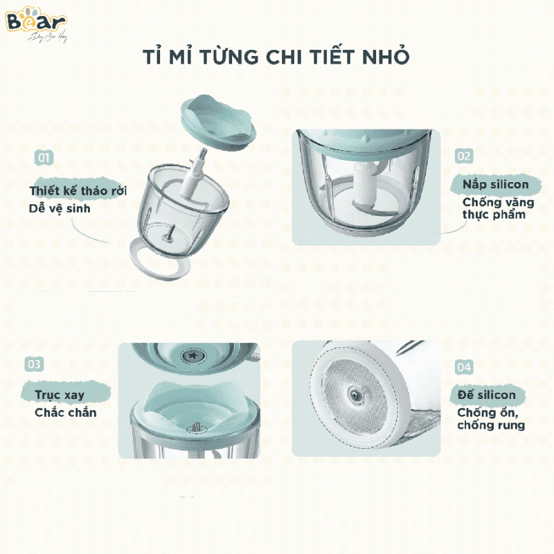 Máy xay ăn dặm mini đa năng cho bé ăn dặm 0.6L Bear QSJ-C02K1, 2 mức độ xoay, cối thủy tinh, lưỡi dao innox không gỉ