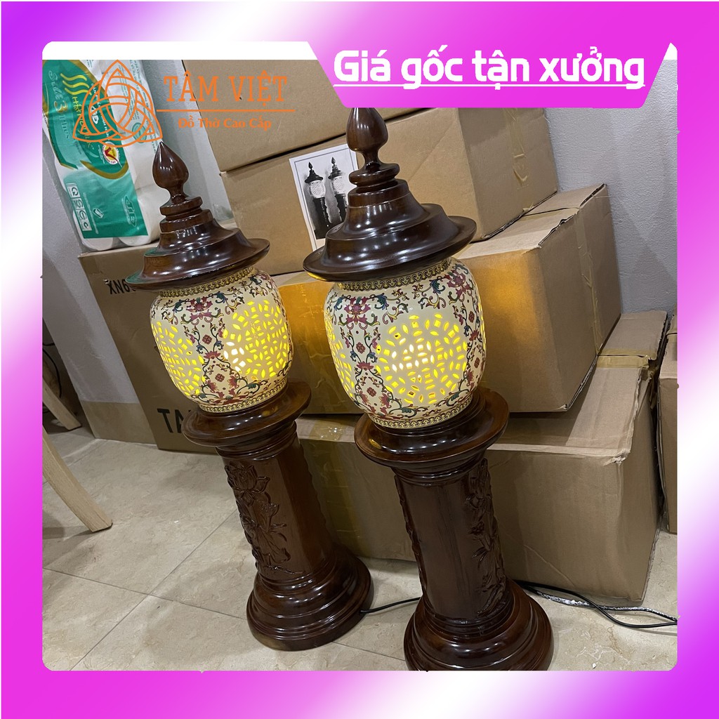 (ĐÈN THỜ GỖ GỤ CAO CẤP 100%) Trạm Khắc Hoa Sen Sứ