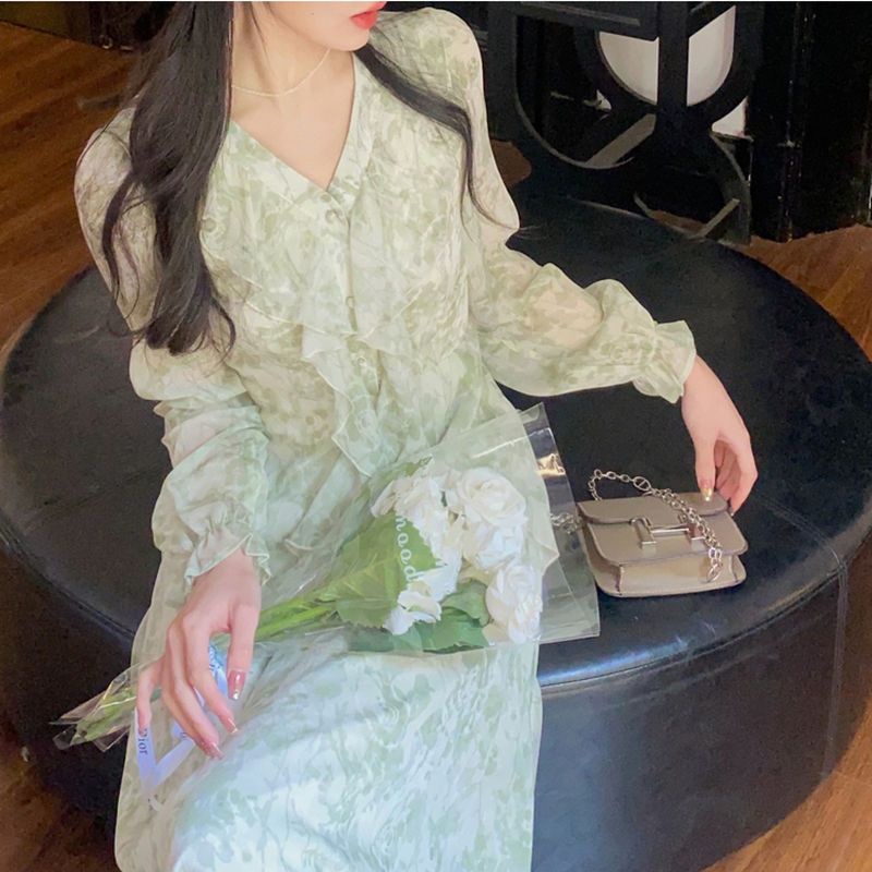 Đầm Voan Hoa Dáng Dài Cổ Chữ V Phối Bèo Thanh Lịch Đáng Yêu Cho Nữ