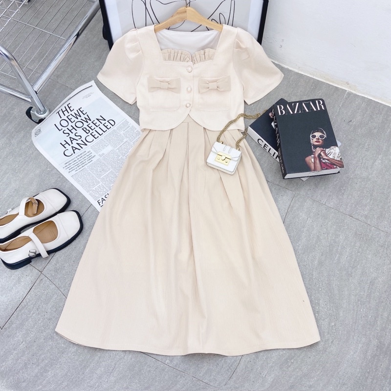 SET ÁO CROPTOP KEM BÈO CỔ NƠ 2 BÊN + CHÂN VÁY MIDI
