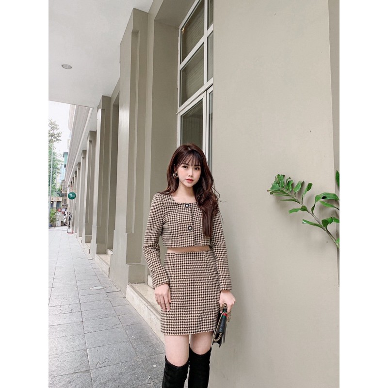 Set Dạ Hoạ Tiết Houndstooth, set váy áo cá tính.