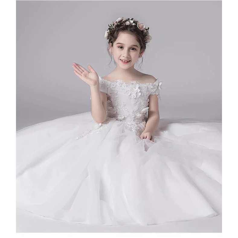 Váy công chúa bé gái thiết kế cao cấp cho bé đi dự tiệc phù dâu tùng dài siêu xòe sát nách màu trắng DBG093