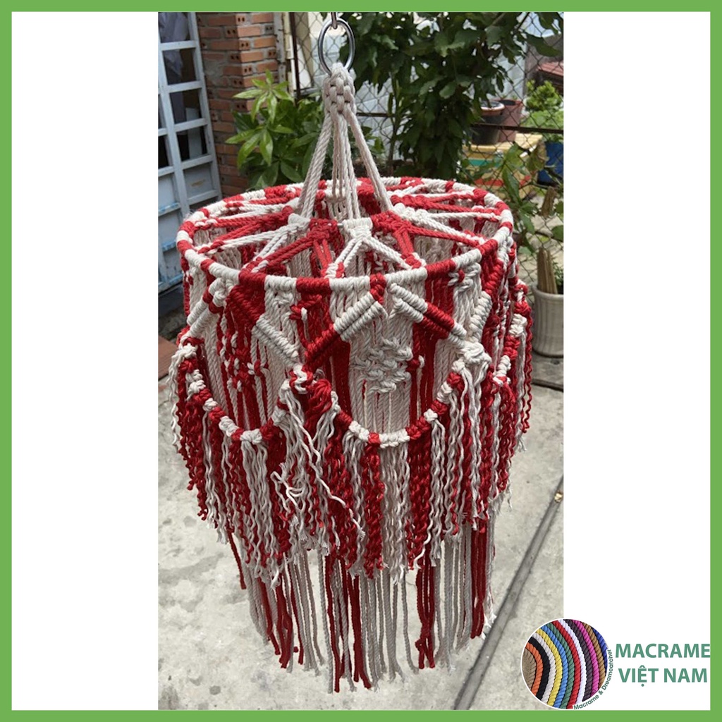 Đèn trang trí vintage macrame đường kính 30cm màu đỏ trắng decor phòng ngủ không kèm bóng E27 | Macrame Lamp