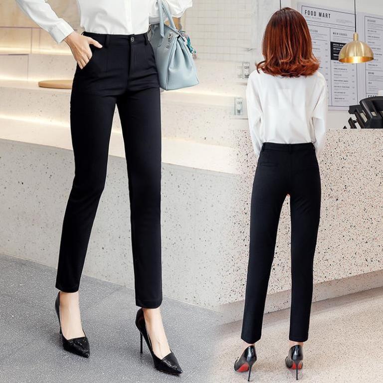 Quần tây baggy nữ đi học cạp lưng cao vải màu đen dáng dài ống thẳng