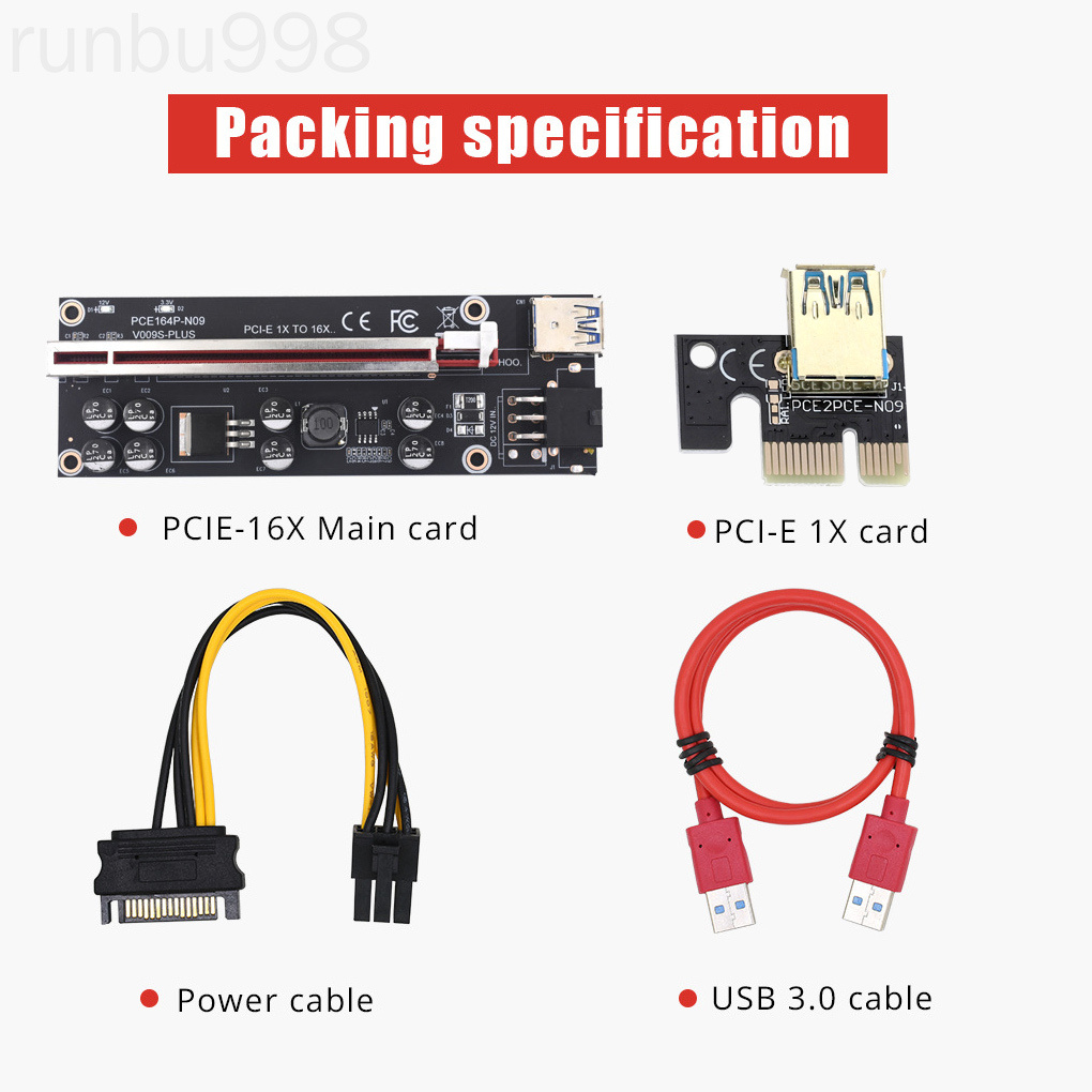 Bảng Mạch Mở Rộng Pci-E Ver009S Plus 1x Sang 16x Cổng Usb 3.0 Pci-E Kèm Phụ Kiện Runbu998