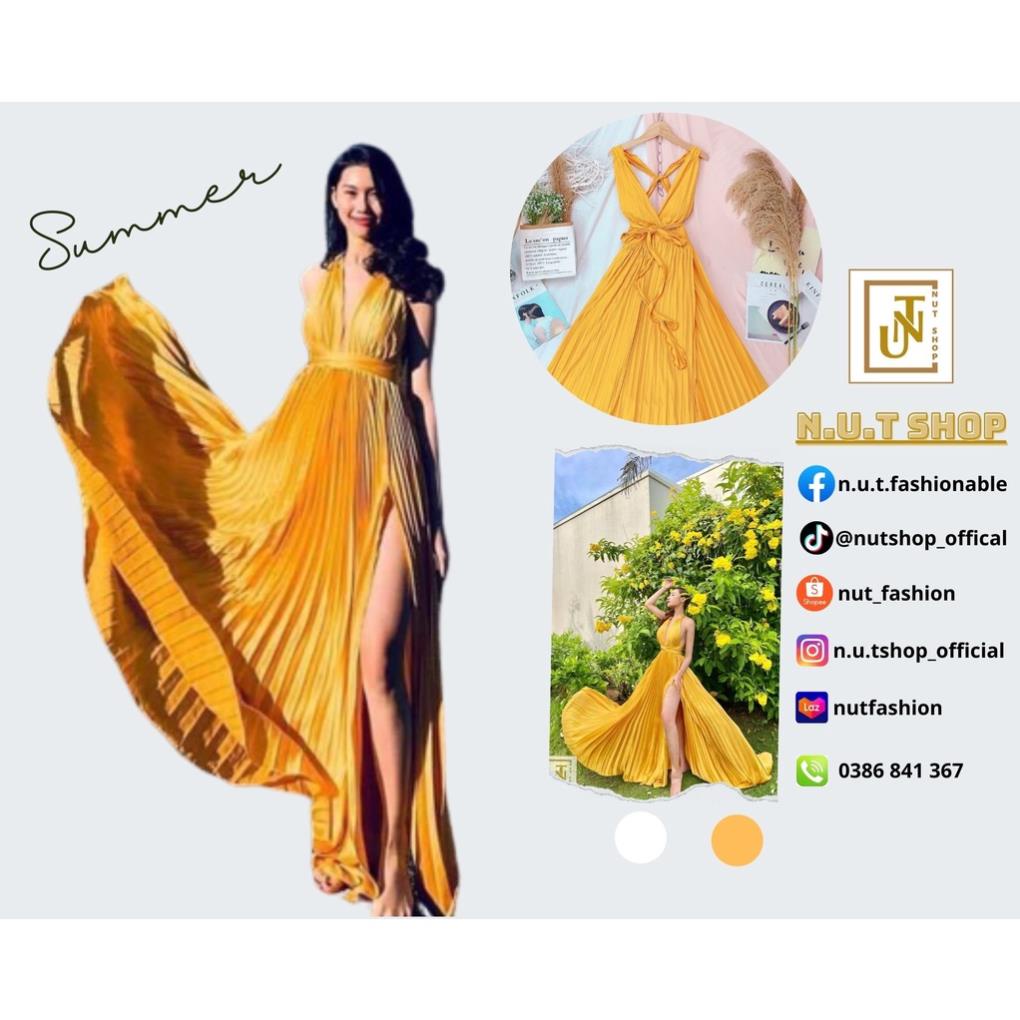 NUT's Summer Collection 2022 - Đầm maxi vải lụa xếp ly, cổ xẻ, có đan dây sau xẻ tà, có mút ngực - Ảnh thật - DKN158 AU
