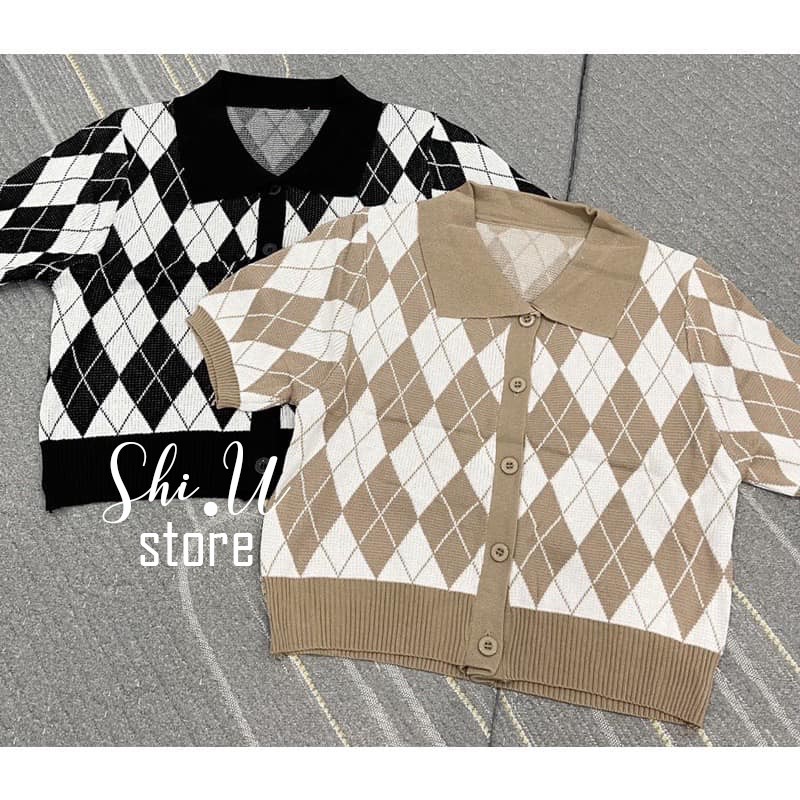 [ảnh/clip thật] Áo Len Polo Nữ Mỏng Cộc Tay Dệt Kim Dáng Croptop Họa Tiết Kẻ Caro Hai Màu