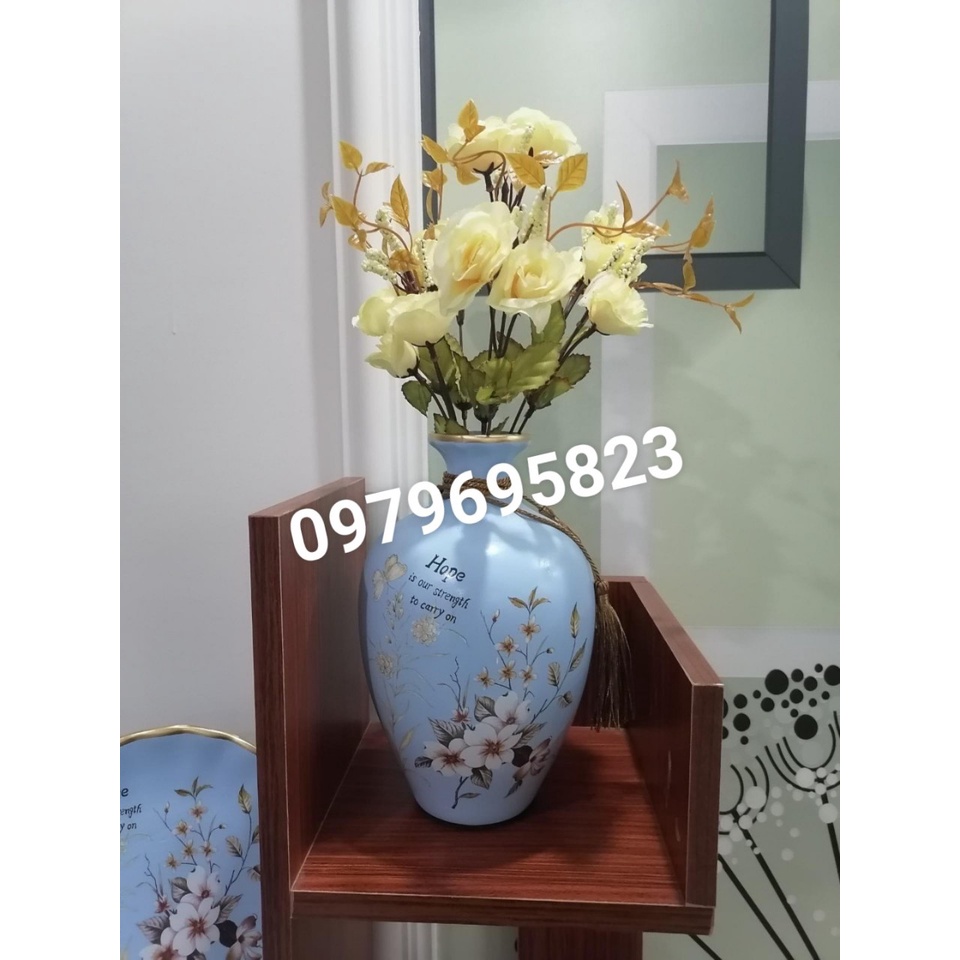 Bình hoa gốm - lọ hoa 3 món, bình lan xanh phong thuỷ MỊNT hút lộc trang trí nhà - kệ ti vi