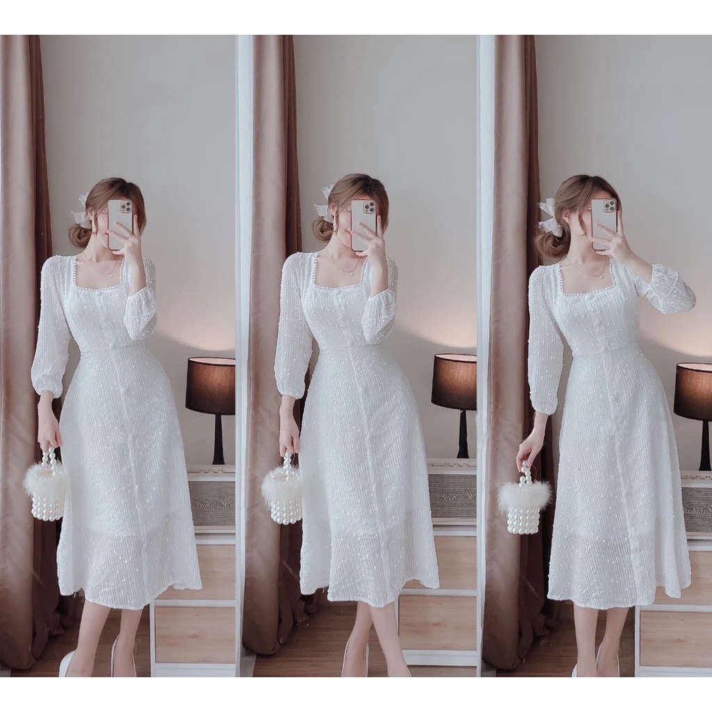 [HÀNG CÓ SẴN] Đầm dự tiệc đầm trắng cổ vuông tay phồng tùng xòe siêu hot LUCAT DRESS