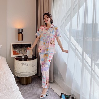 Đồ bộ Pyjama lụa, đồ bộ Pijama lụa nữ quần dài (Gấu hồng)