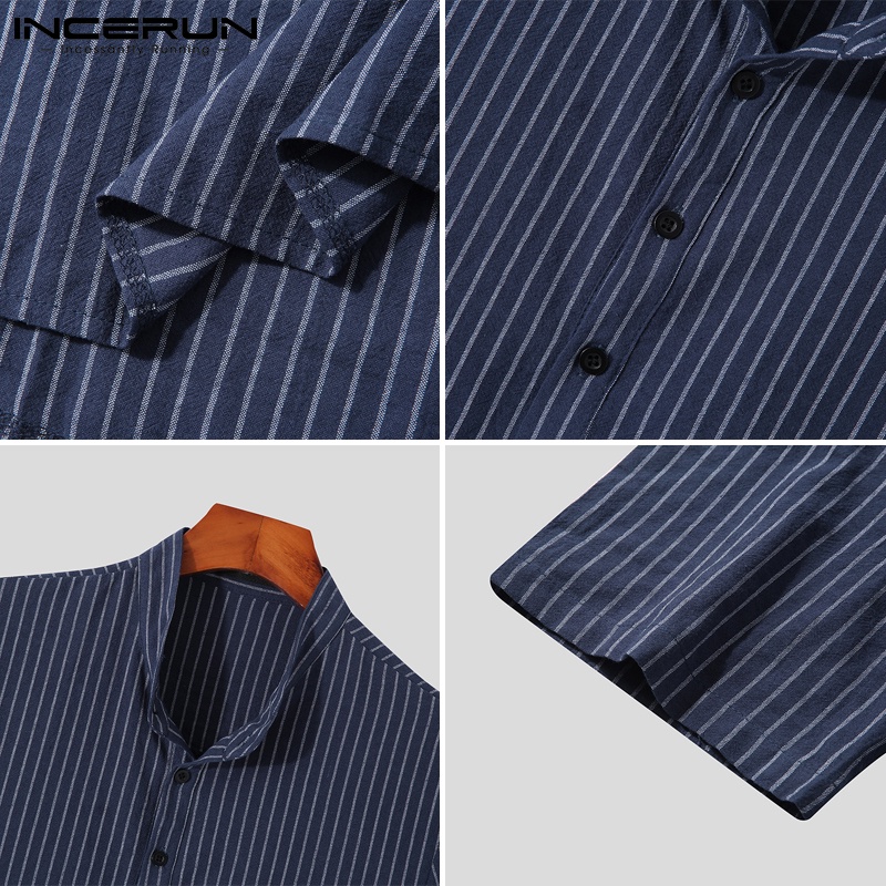 Áo sơ mi INCERUN ngắn tay cổ chữ v họa tiết kẻ sọc cài nút thời trang cho nam