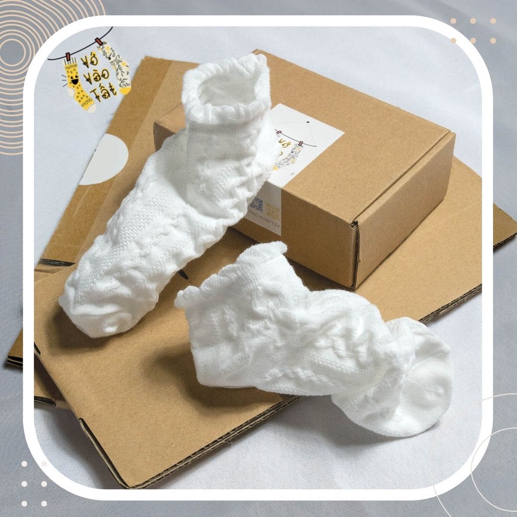 TẤT VỚ CỔ NGẮN NỮ TRẮNG TRƠN HỌA TIẾT NỔI KIỂU LOLITA