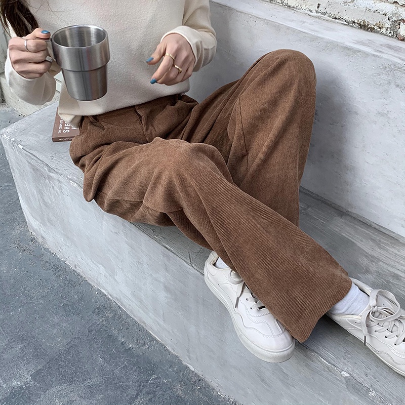 Quần dài ZHELIHANGFEI vải nhung ống rộng lưng cao thời trang cá tính