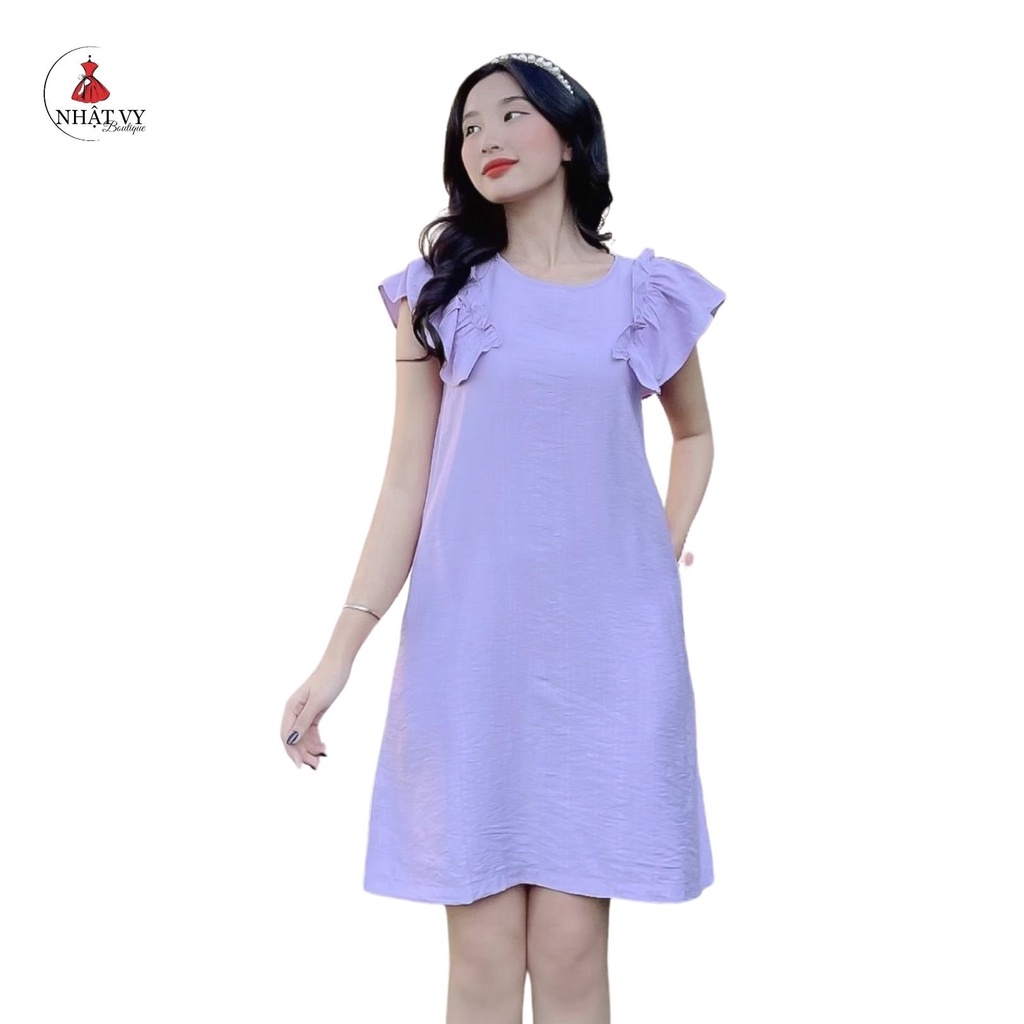 Đầm Suông NHẬT VY Suông Trơn Cổ Tròn Tay Phối Bèo Chất Lụa Xước Đi Chơi Màu Trắng, Đen, Tím - D2112