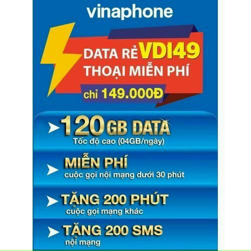 [GIÁ Gốc ] SIM 4G VINAPHONE VD149 - MIỄN PHÍ 4G LÊN TỚI 120GB / THÁNG - Gọi Nội, Ngoại Mạng Thả Ga