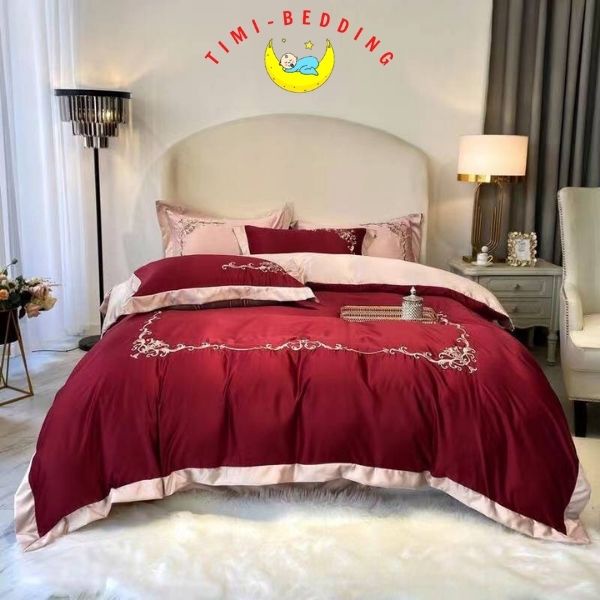 Bộ chăn ga gối lụa 4 món thêu hoàng gia cao cấp, nhập khẩu, sang trọng – Set ga gối lụa – Timibedding