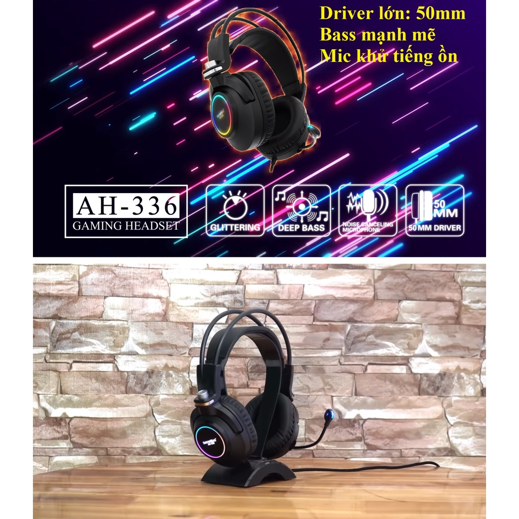 Tai nghe gaming chụp tai 2 chân cắm LED RGB hiện đại SOUNDMAX AH-336
