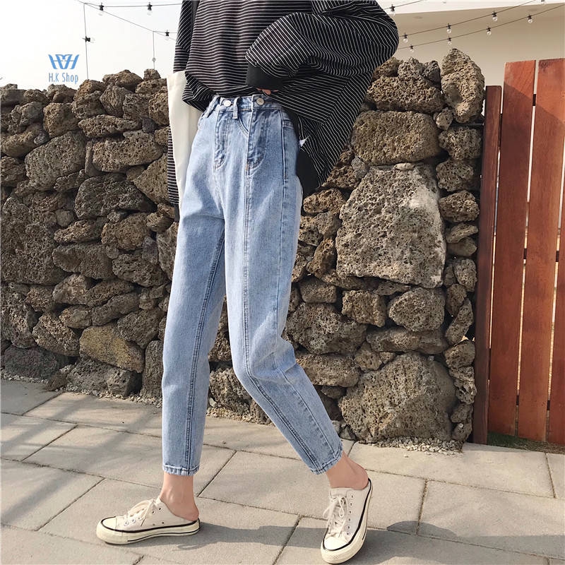 Quần jeans nữ lưng cao sọc dọc phong cách Hàn Quốc