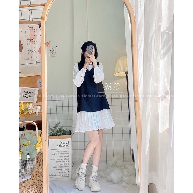 Set váy yếm xếp ly dài tay Tia19 . Đầm sơmi dáng xoè ulzzang