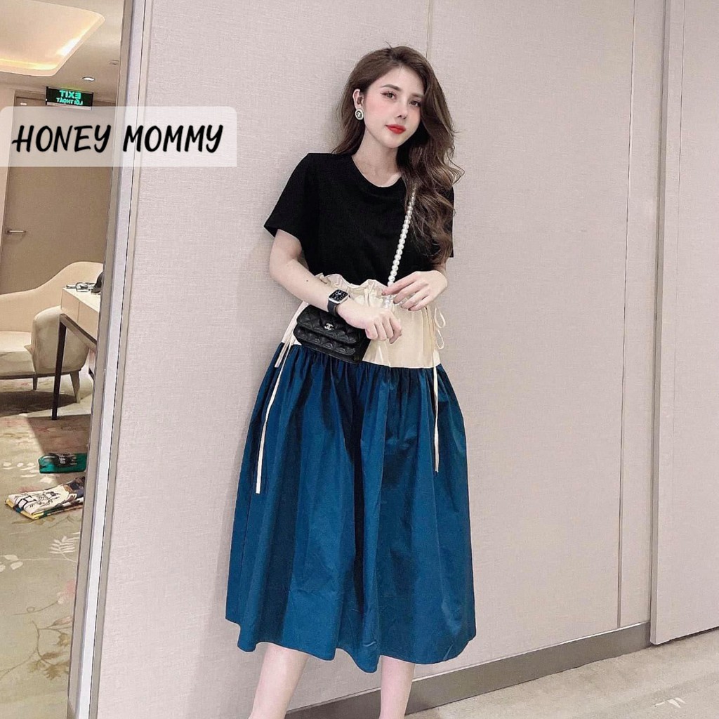 Váy Bầu Cotton 3 Tầng Dây Rút Eo HD2629 Honey Mommy Đầm Bầu Hè Cộc Tay Chất Mát