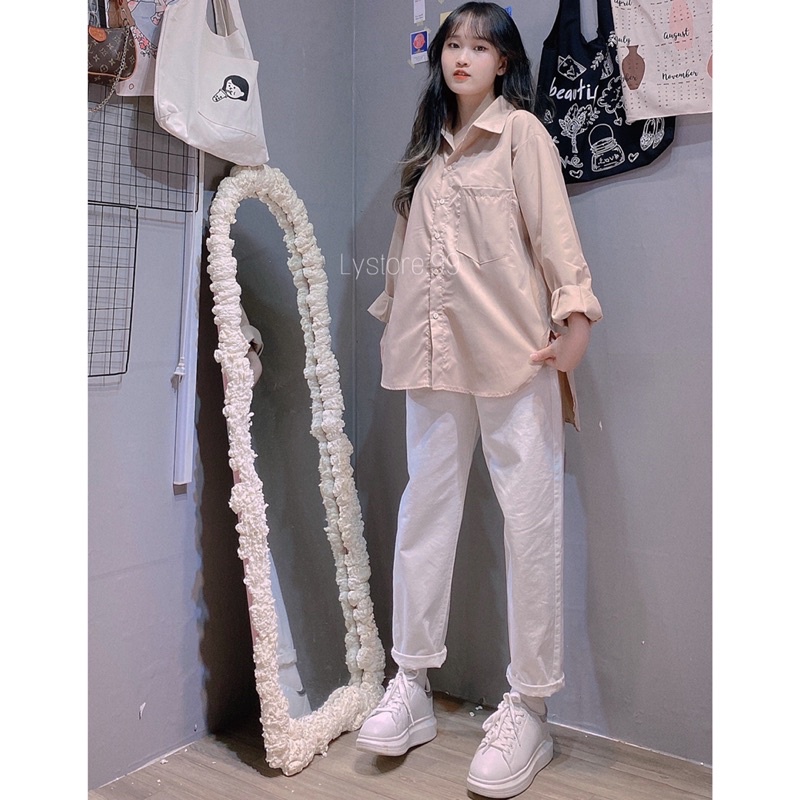 [Mã FAMARAL1 giảm 10K đơn 50K] (Hình shop tự chụp) Áo sơmi nâu vạt bầu + quần baggy trắng | BigBuy360 - bigbuy360.vn