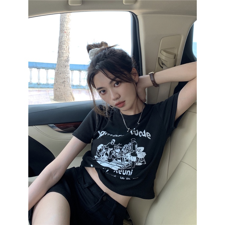 Áo Thun Croptop Ngắn Tay Form Ôm In Họa Tiết Phong Cách retro