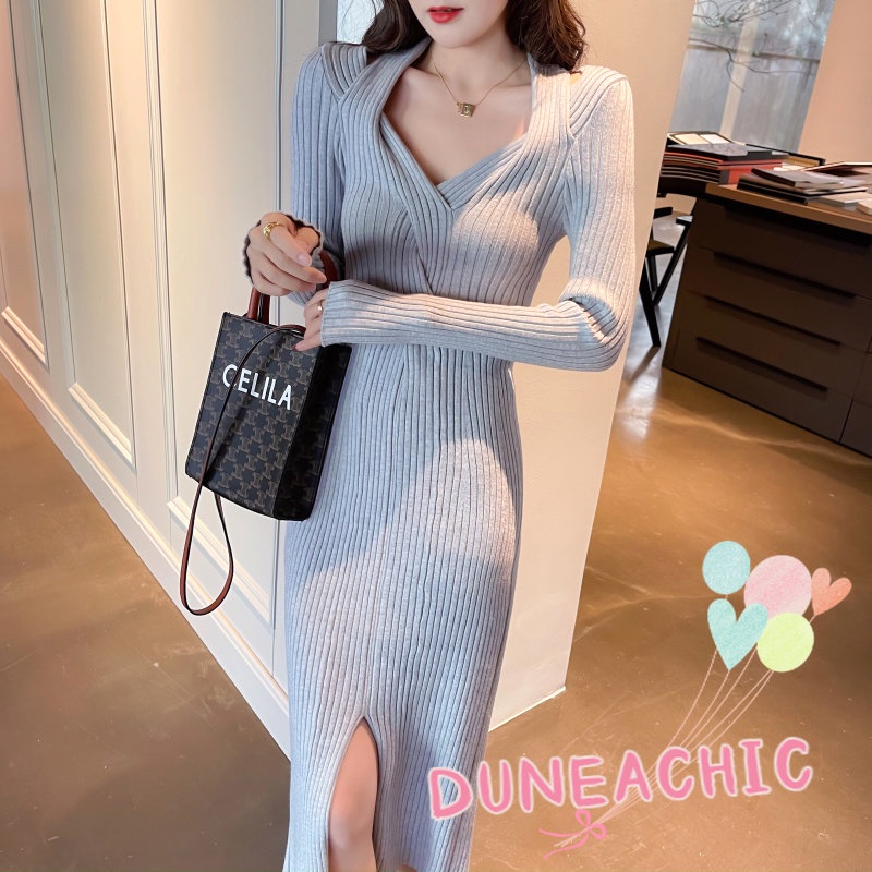 DUNEA Đầm Dệt Kim Dáng Dài Cổ Chữ V Hở Vai Quyến Rũ Cho Nữ