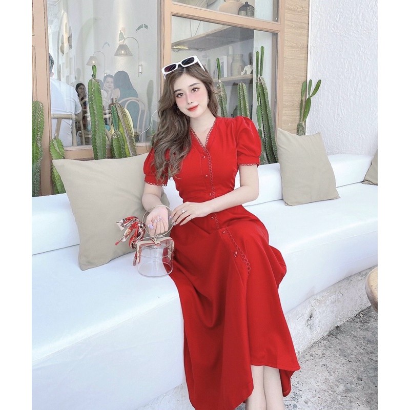 ĐẦM ĐỎ PHỐI REN NÚT NGỌC | BigBuy360 - bigbuy360.vn