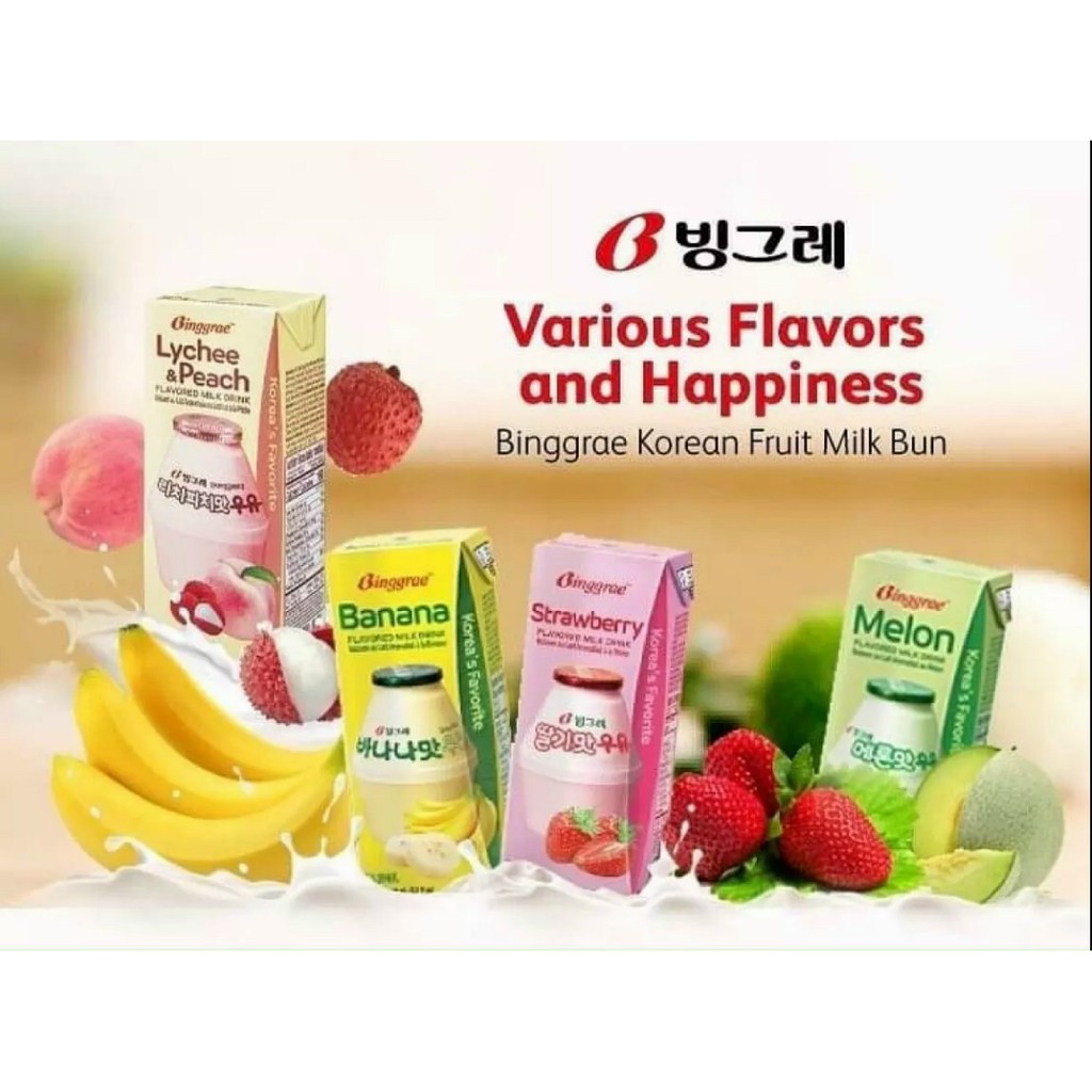 Sữa Hàn Quốc Binggrae Milk Vị Banana, Dâu, Dưa Lưới,Đào Vải - Lốc 6 Hộp 200ML