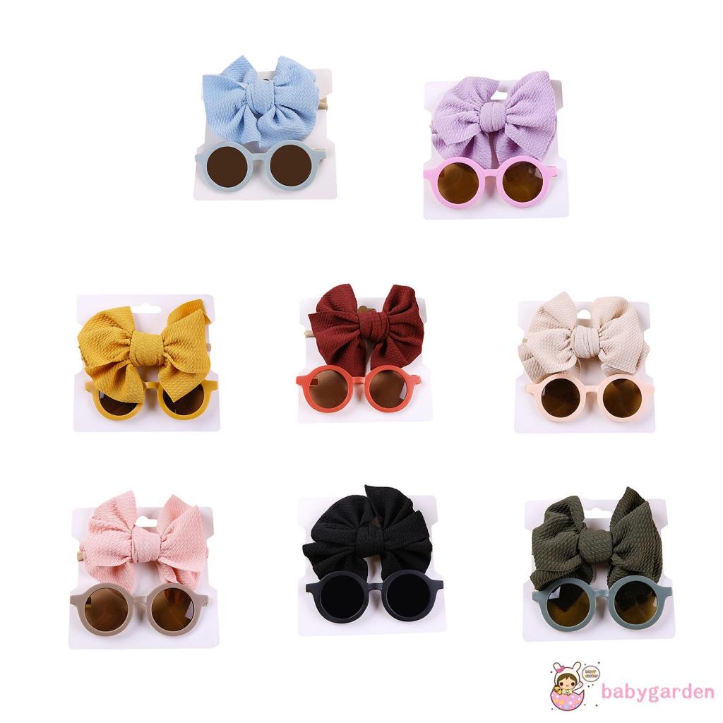 Bộ Kính Mát Tròn Chống Tia UV + Băng Đô Nơ Màu Trơn Dành Cho Bé Gái