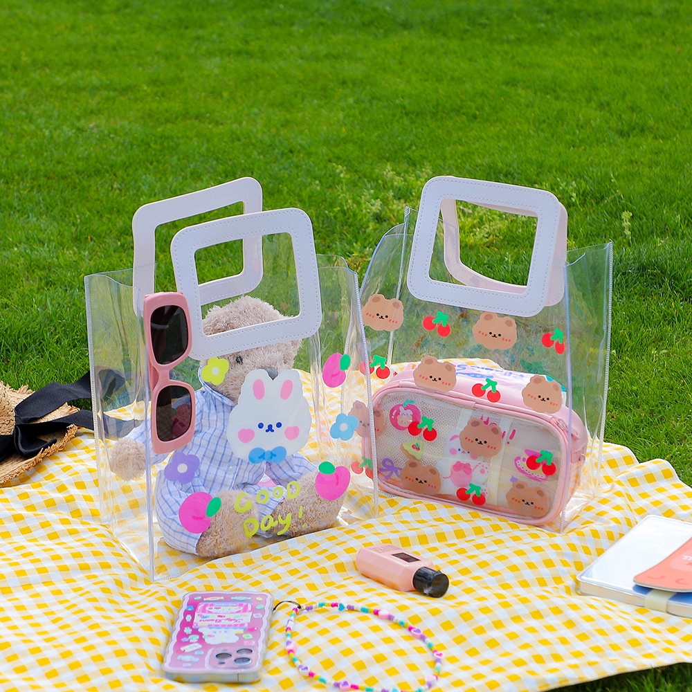 Túi Xách Tote Chất Liệu PVC Trong Suốt Chống Thấm Nước In Hoạ Tiết Gấu Hoạt Hình Dễ Thương
