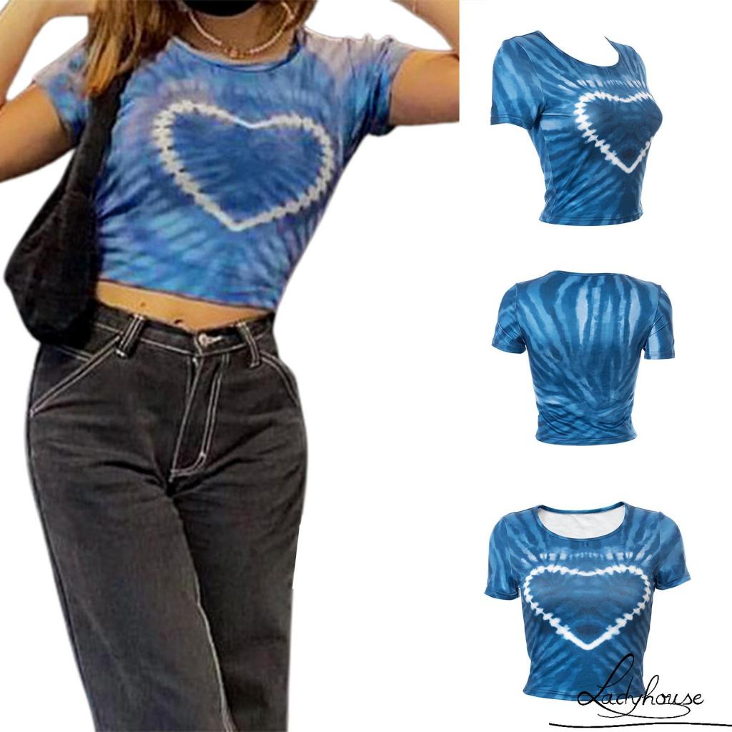 Áo Thun Croptop Tay Ngắn Cổ Tròn In Họa Tiết Trái Tim Màu Nhuộm Xinh Xắn Cho Nữ