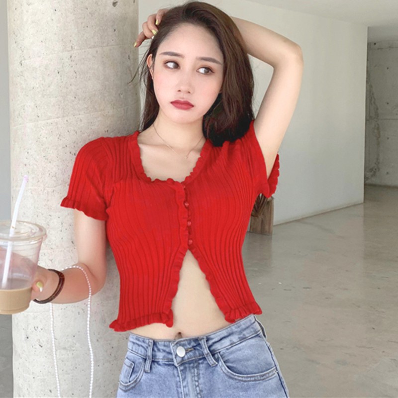 Áo Croptop Cardigan Ngắn Tay Cổ Chữ V Phối Nút Thời Trang Cho Nữ | BigBuy360 - bigbuy360.vn
