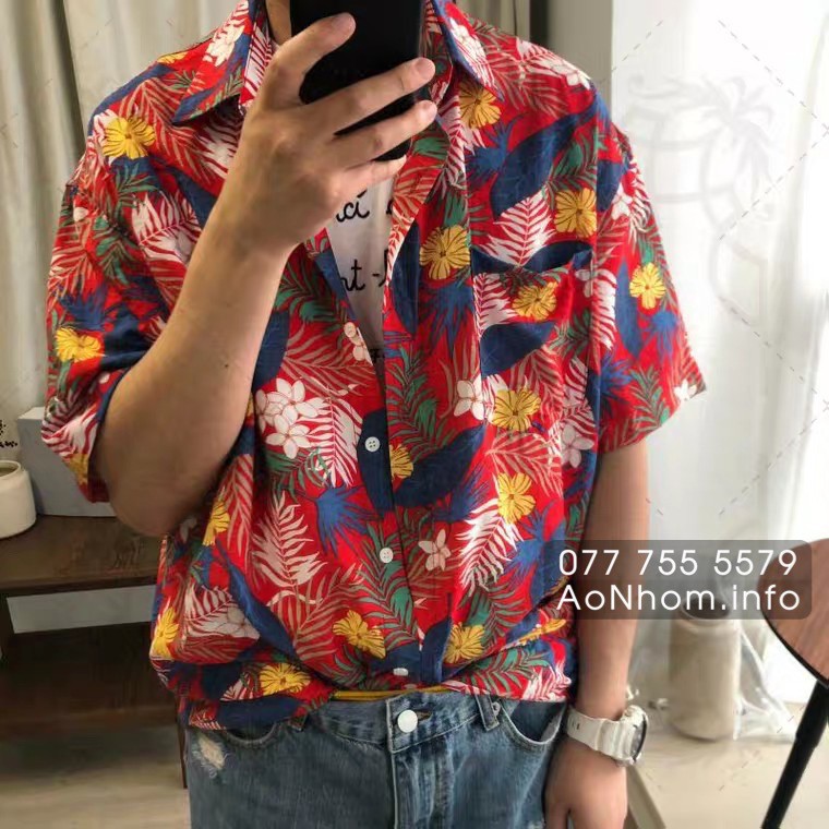 Áo Sơ Mi Hawaii Đi Biển Mềm Mát - Hoa Xanh Vàng Đỏ - Áo Đôi Đồng Phục Nhóm Lớp Team Building Hoạ Tiết Hoa Lá Trái Cây