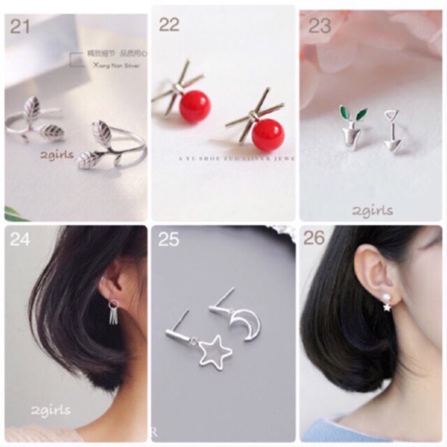 Bông tai bạc 30% Hàn quốc tròn cây lá hình học nhỏ nhắn xinh xắn phần 2