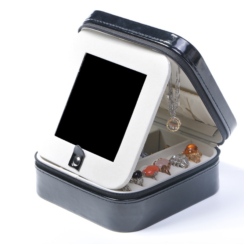 Flgo Hộp Đựng Trang Sức Mini Bằng Da Có Gương Và Khóa Kéo Tiện Dụng Mang Theo Du Lịch