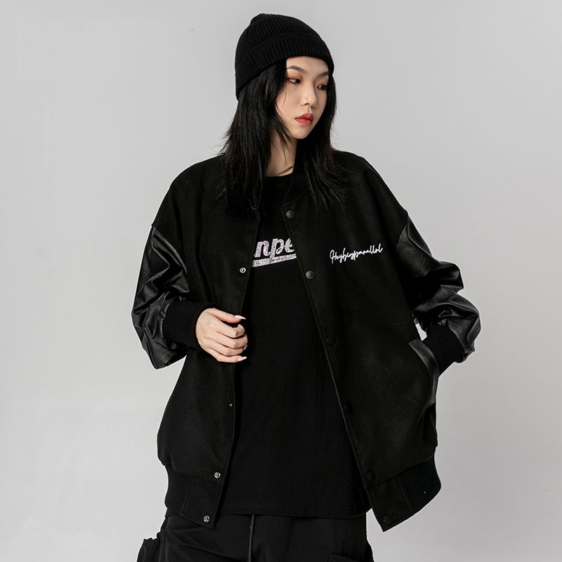 Áo khoác bomber Nelly phối da cao cấp in hình "HEYBIG 68" áo Varsity