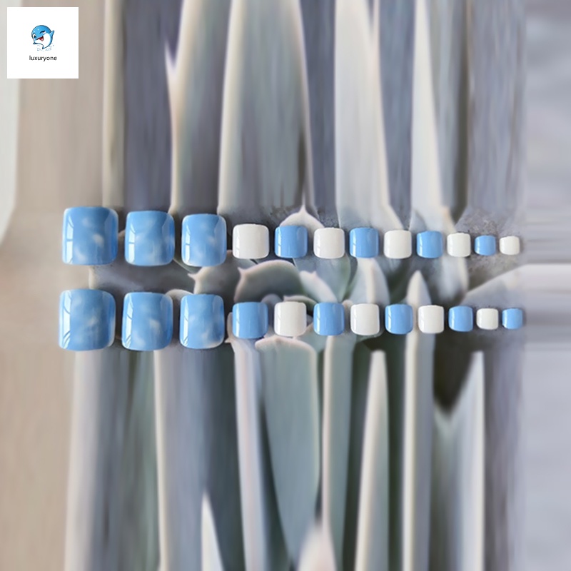 Set 24 móng chân giả ngắn màu trắng / xanh dương thời trang