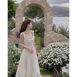 Đầm midi 2s trắng cổ đổ xếp ly nhún ngực✨