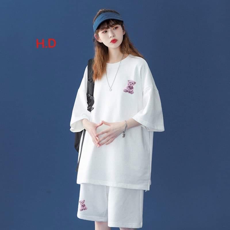 Đồ bộ hoạt hình form rộng Unisex Gấu Tím+QUẦN Short♥️ Freesize dành cho nam nữSét trang phục thể thao Unisex, Hàn Quốc