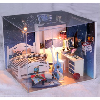 Mô hình nhà búp bê DIY phòng ngủ ngân hà xanh có đàn và bóng rổ