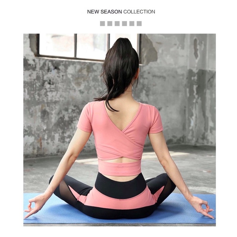 Bộ đồ tập gym yoga nữ quần dài áo croptop kèm mút cổ tim