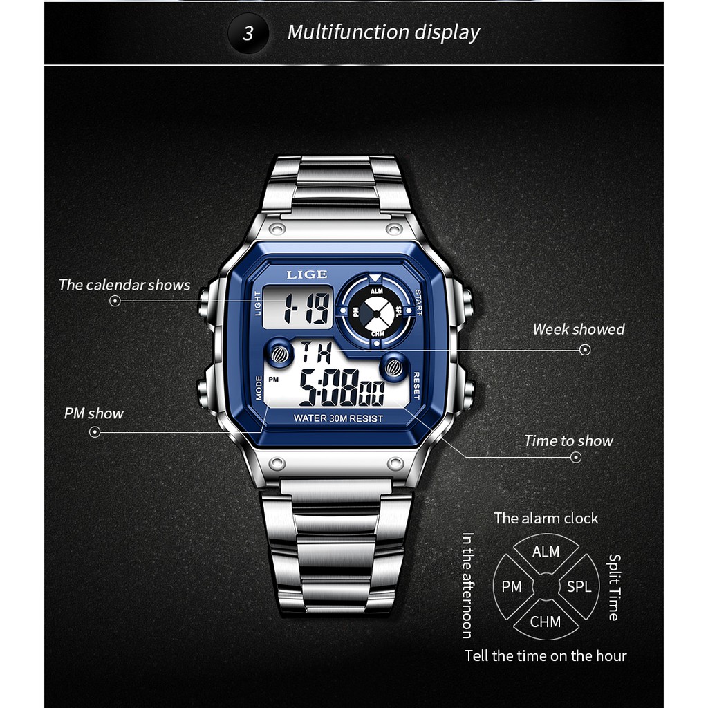 LIGE 8921 Men's Stainless Steel Digital Sports Waterproof Watch