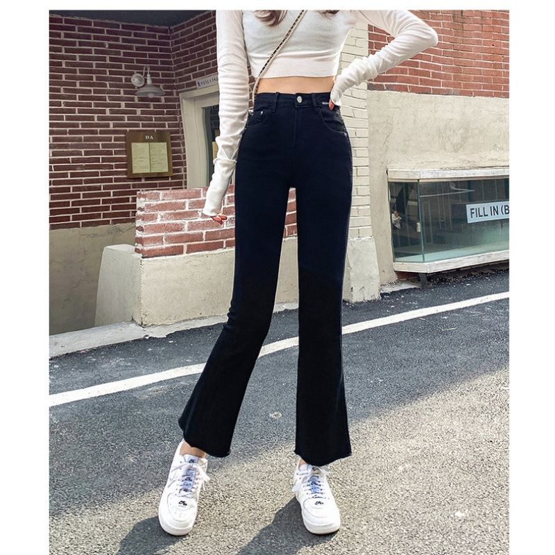 Quần Jean ống loe cạp cao chất vải co dãn 4 chiều cực tôn dáng quần màu đen trơn đủ size