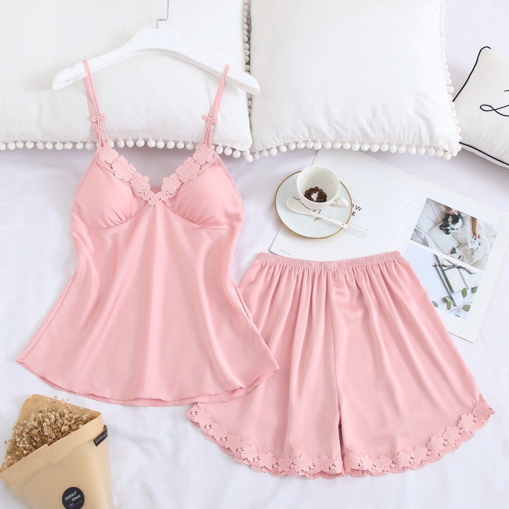 Đồ Bộ Ngủ Lụa Satin Cao Cấp Mặc Nhà Có Mút Ngực Đủ Size Dưới 85Kg AS-28