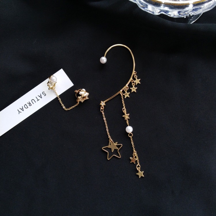 Khuyên tai kẹp vành không bấm lỗ chốt cố định K046 bằng hợp kim mạ vàng bất đối xứng hình ngôi sao dáng dài Leous