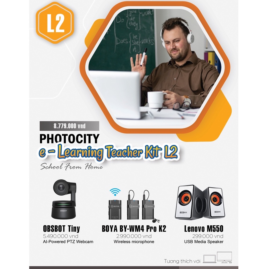 Photocity E-Learning Teacher Kit L2 - Combo Mic thu âm BOYA BY-WM4 Pro K2 + OBSBOT Tiny PTZ Webcam + Cặp Loa Lenovo M550