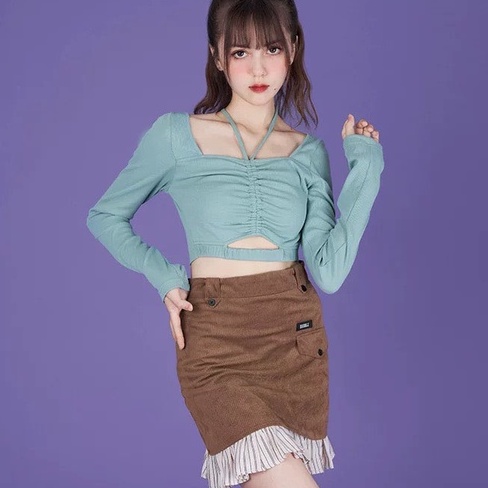 Áo croptop dài tay HAGA áo thun chun eo dây rút rúm ngực ACERN63