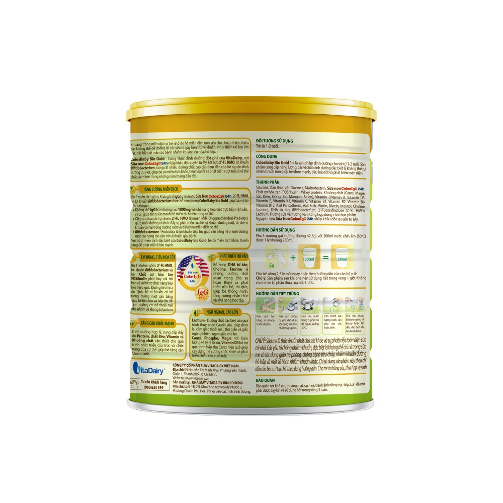 [TẶNG THÚ BÔNG CHÂN DÀI] Sữa bột COLOSBABY BIO GOLD 1+ 800g hỗ trợ tiêu hóa tốt, miễn dịch khỏe - VitaDairy